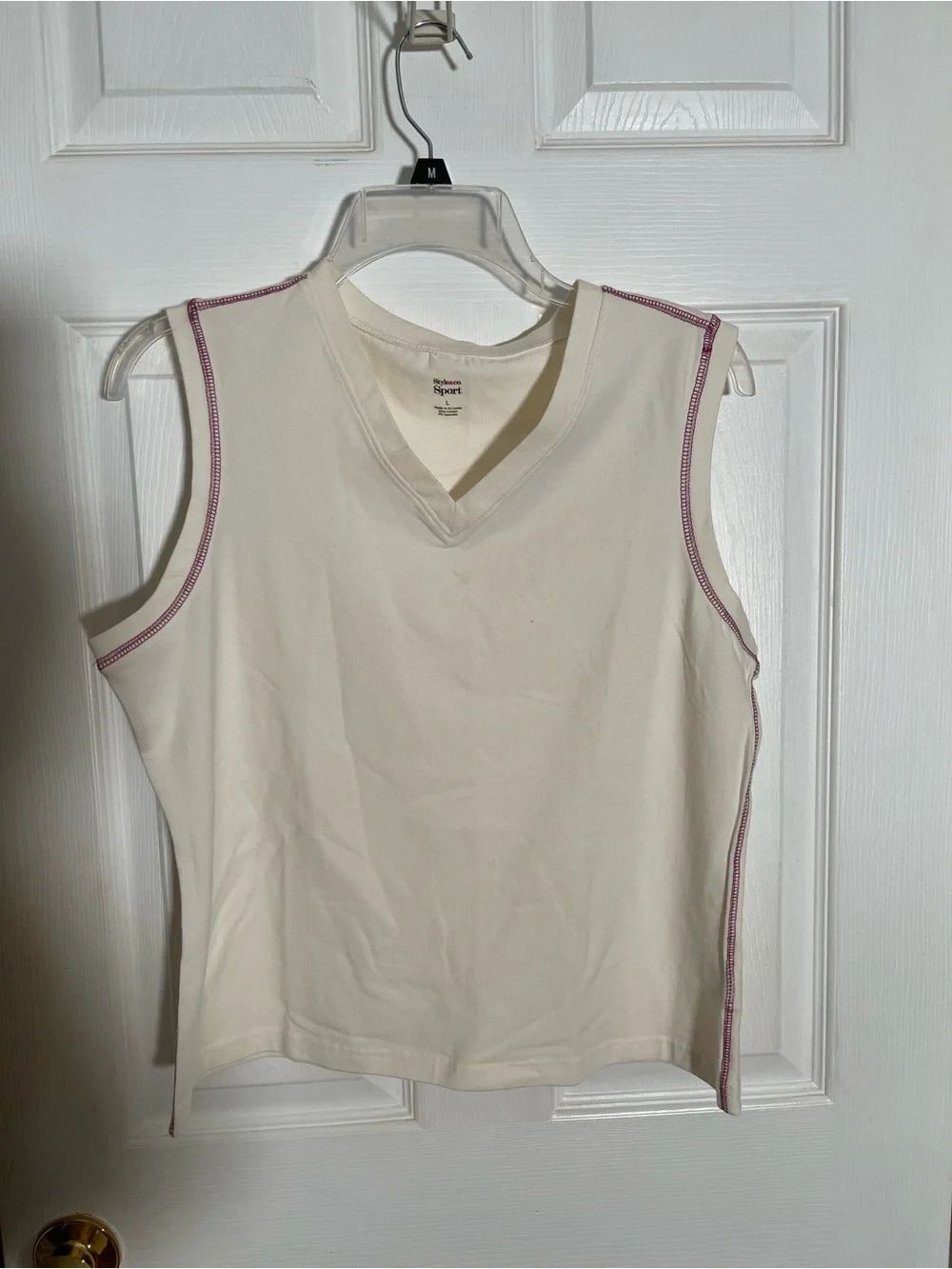 Style & Co.Cream Sleeveless V‑Neck Top with Burgundy Stitching